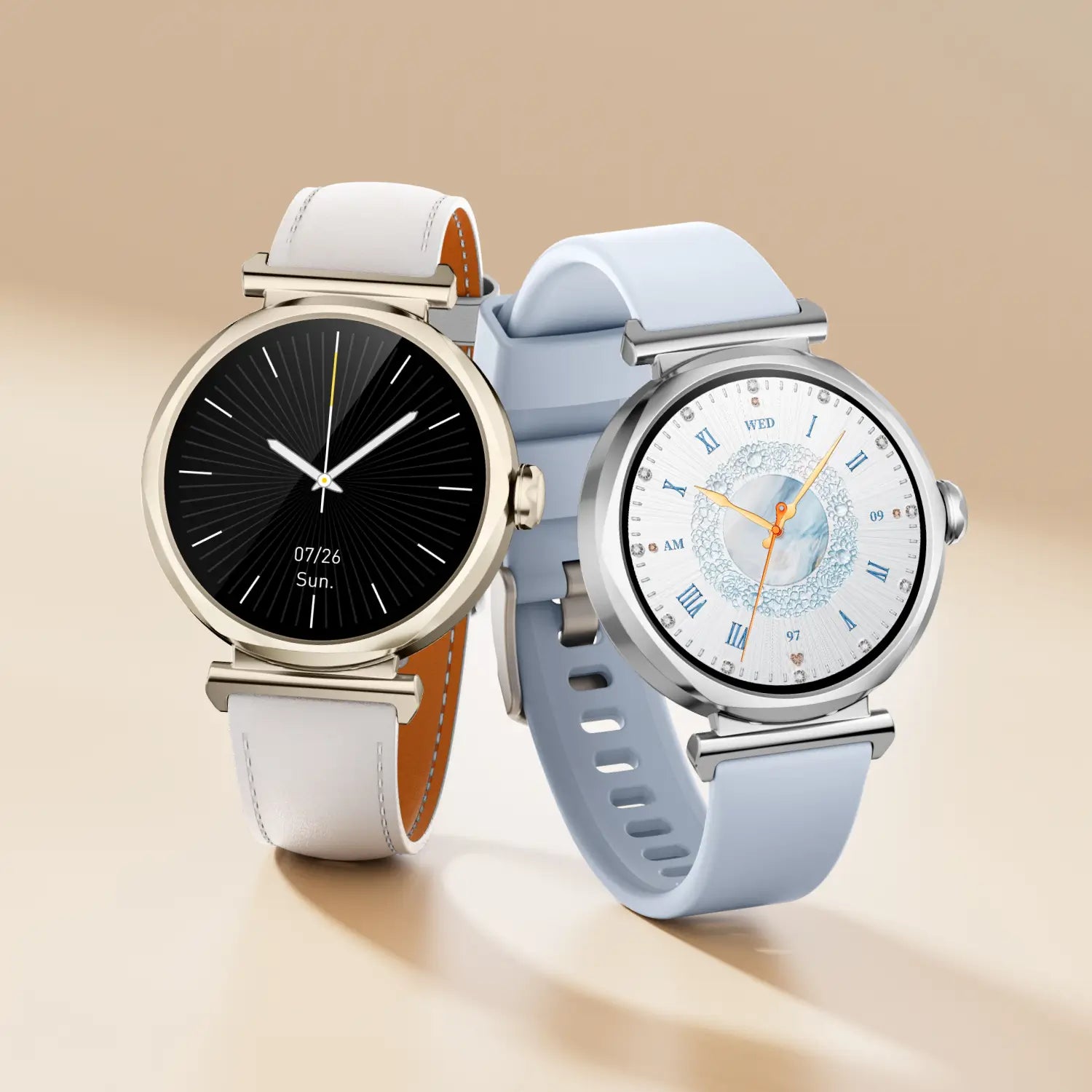 Runmefit GRACE Smart Watch for Women showcasing elegant design with black and light blue straps.