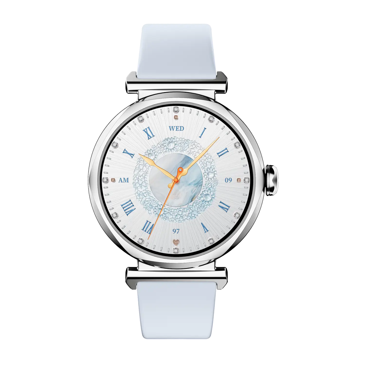 Runmefit GRACE Smart Watch for Women with elegant blue strap and stylish display showing time and date.