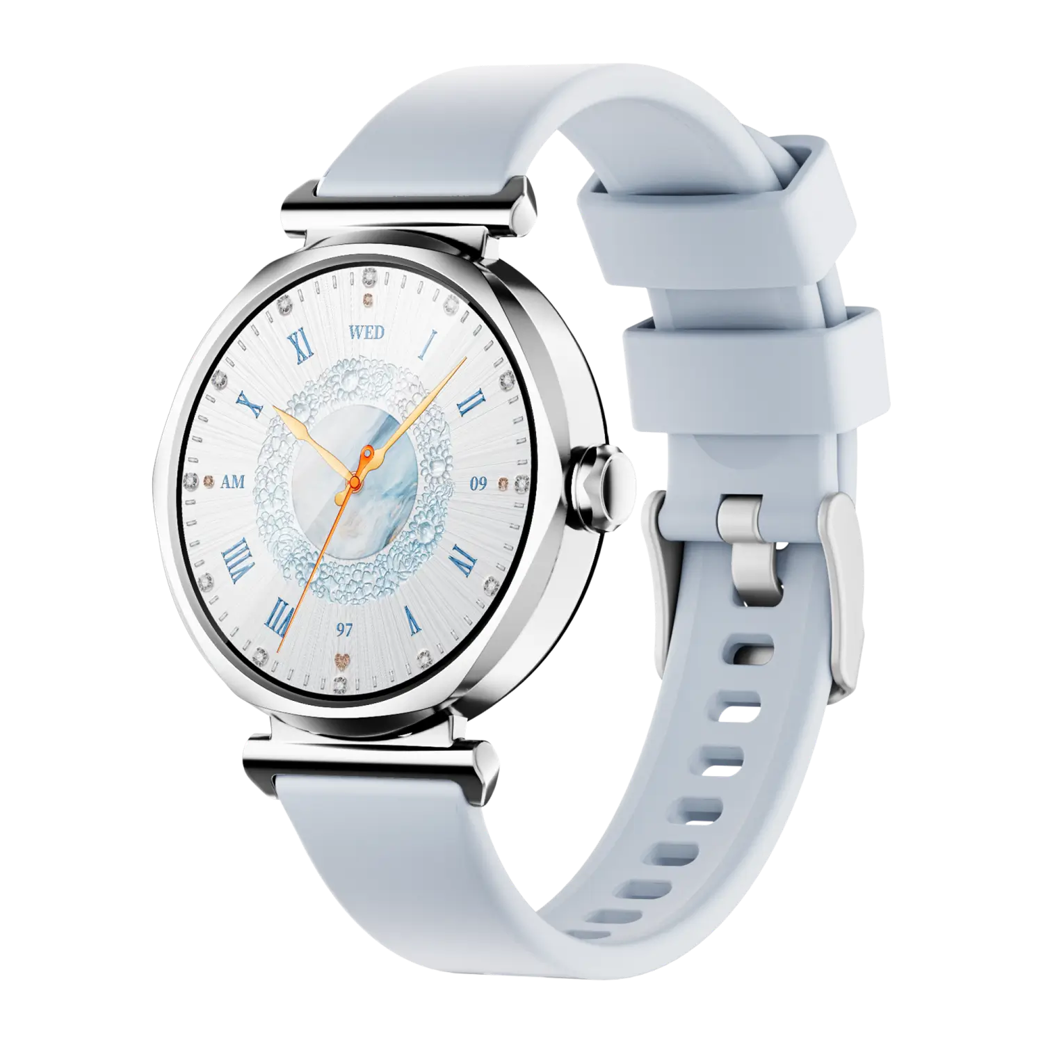Runmefit GRACE Smart Watch for Women with elegant design, white watch face and soft blue strap.